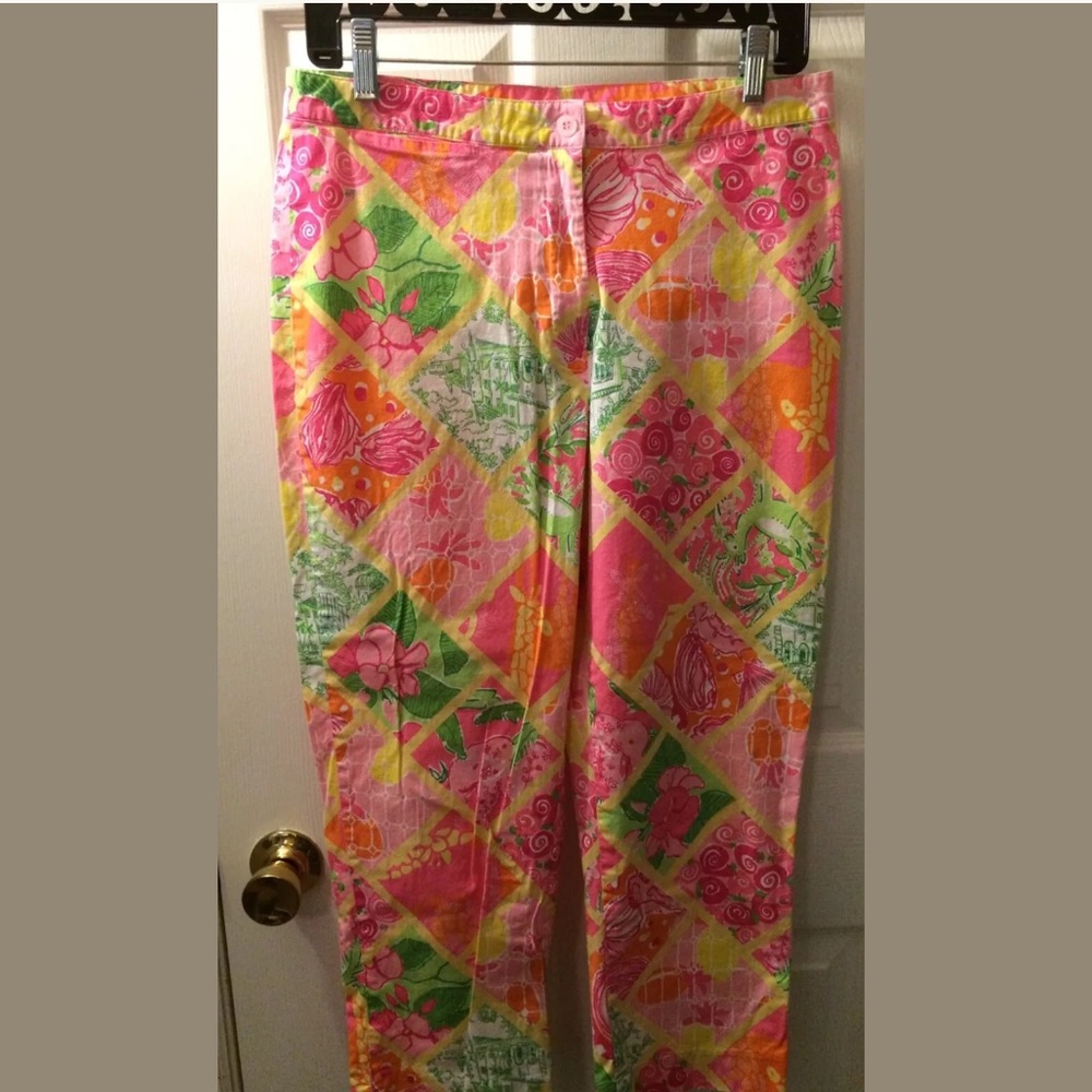 Vintage LILLY PULITZER Crop Pants Patchwork critter green pink orange cropped